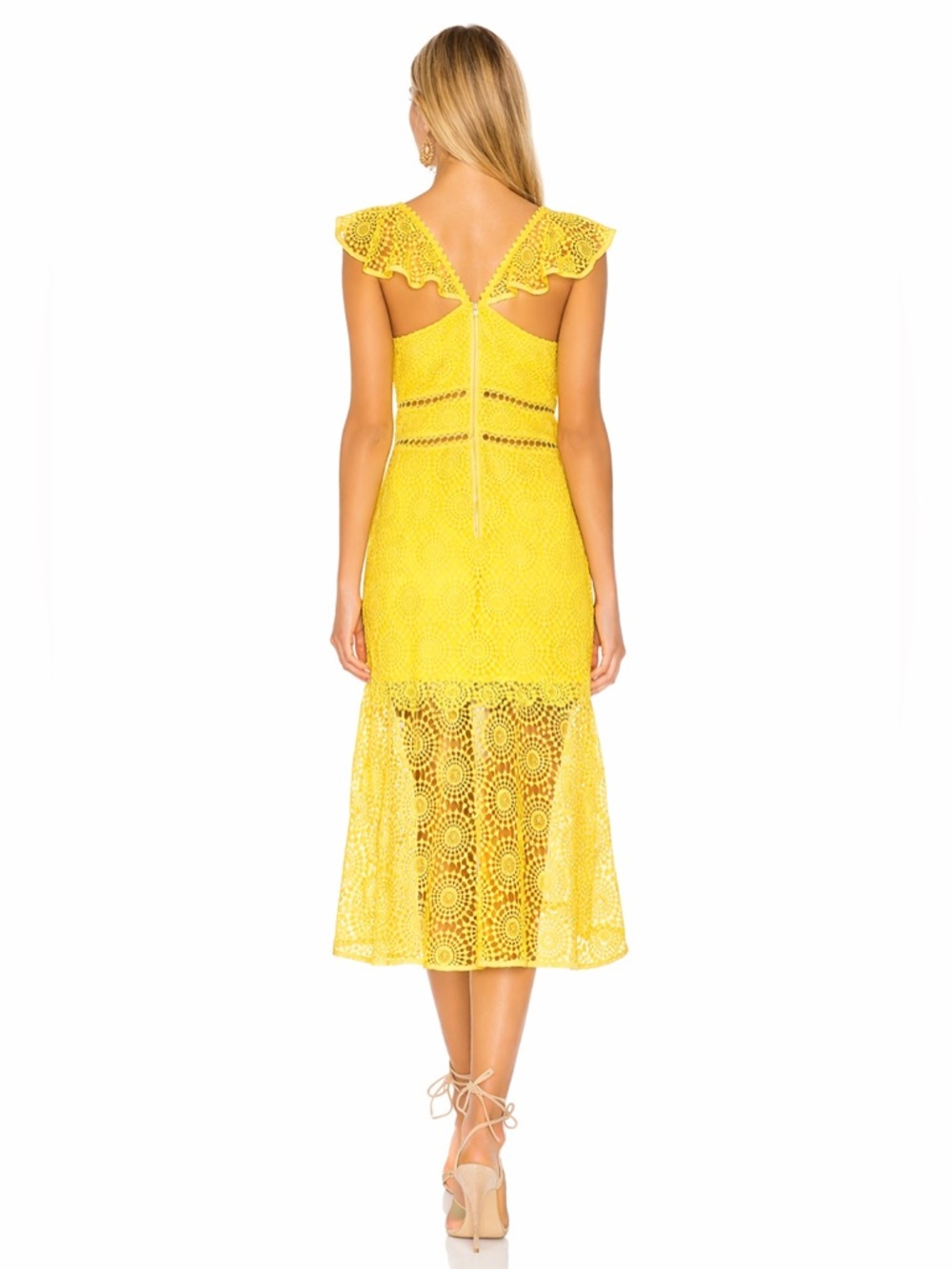 Saylor Leilani Yellow Lace Midi Dress Ruffle V Neck Cutout EUC S - Picture 2 of 13